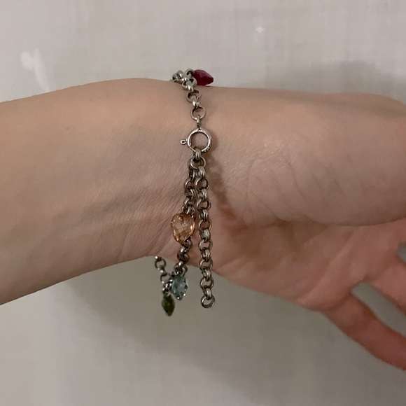 Real precious gemstone sterling silver multicolor heart charm bracelet - Picture 7 of 7